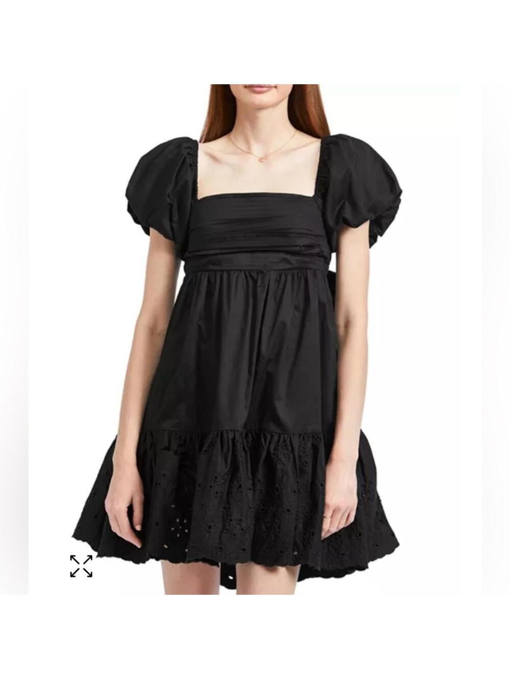 En Saison Juliet Poplin Black Cotton Puff Sleeve Mini Babydoll Dress - Size XS